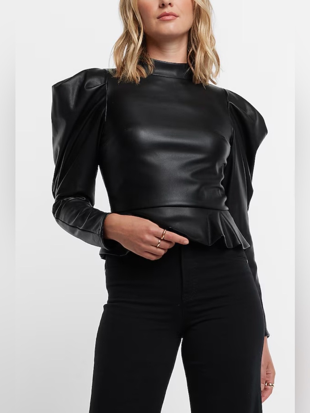 Black Faux Leather Peplum Top with Structured Shoulders